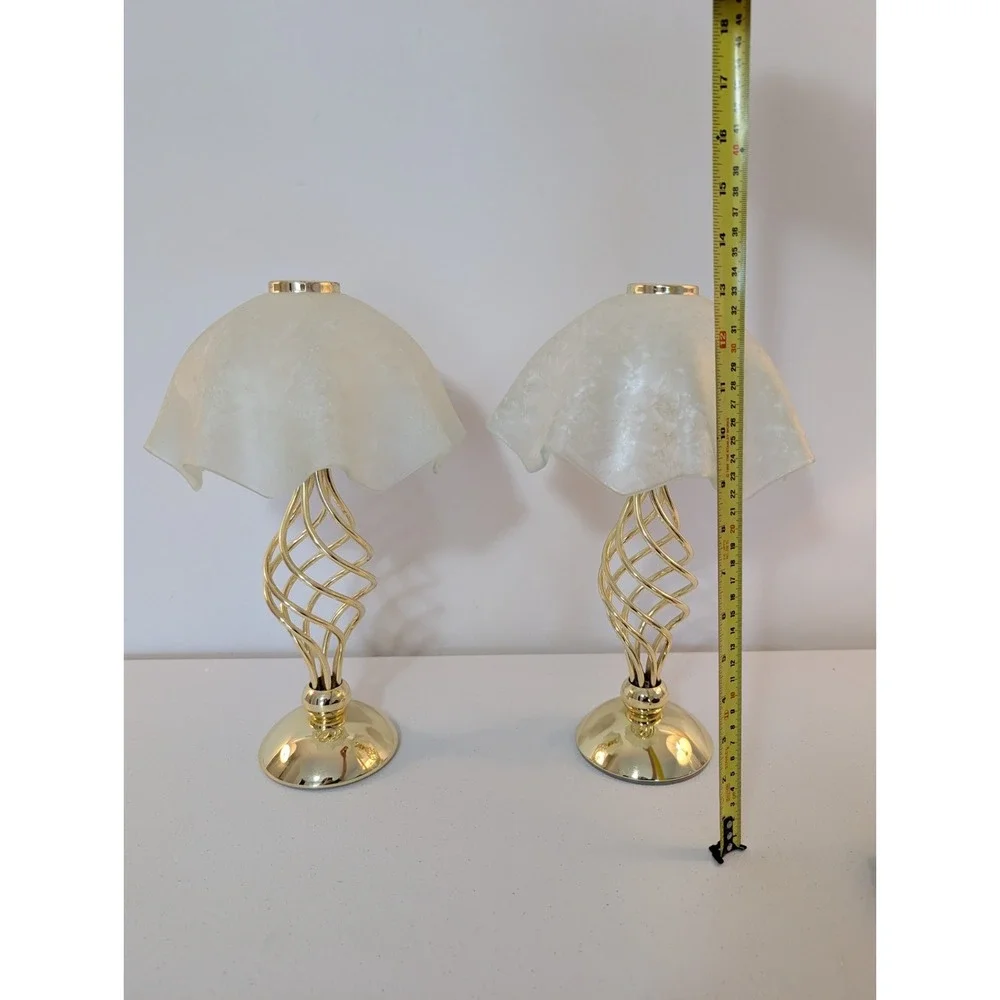 Vintage PartyLite Paragon Tealight Candle Lamps Pair Gold Pearl Shades